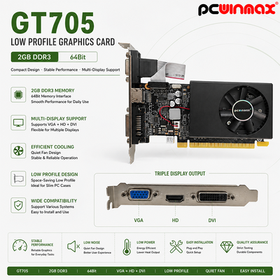 PCWINMAX GT 705 2GB 64Bit GDDR3 کم پروفایل تک فن VGA DVI HD پورت کارت گرافیکی GPU برای دسکتاپ
