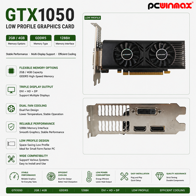 PCWINMAX GTX 1050 کارت گرافیکی دسکتاپ 2GB 128Bit GDDR5 کم پروفایل دو طرفه