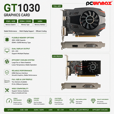 PCWINMAX GT 1030 2GB GDDR5 کارت گرافیک ATX 64Bit Single Fan HD DVI Desktop Video Card