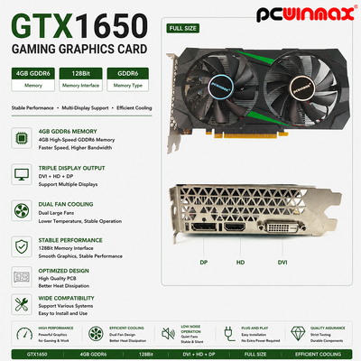PCWINMAX GeForce GTX 1650 4GB GDRR6 128Bit HD DP DVI Output پشتیبانی DirectX 12 VR آماده کارت گرافیک OC