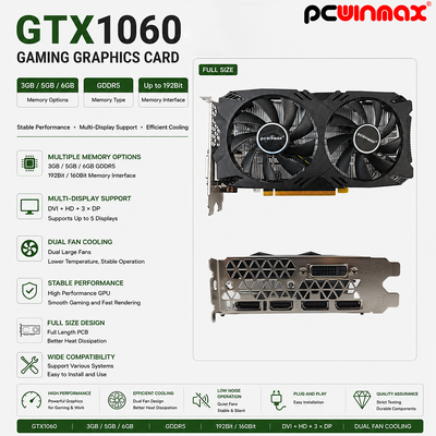 PCWINMAX OEM GeForce GTX 1060 5GB GDDR5 کارت گرافیک 160 بیتی بازی فن دوگانه با کارت ویدیویی خروجی HD DP DVI