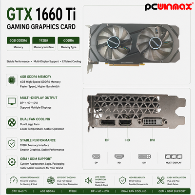 کارت گرافیک PCWINMAX Geforce GTX 1660 Ti 6GB GPU 192 بیتی 1500MHz/1770MHz HD DP DVI 14Gbps Memory