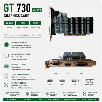 کارت گرافیک PCWINMAX GT 730 2GB GDDR5 64Bit GPU خنک کننده منفعل با I / O Brackets OEM / ODM برای خاموش HTPC و کامپیوترهای اداری
